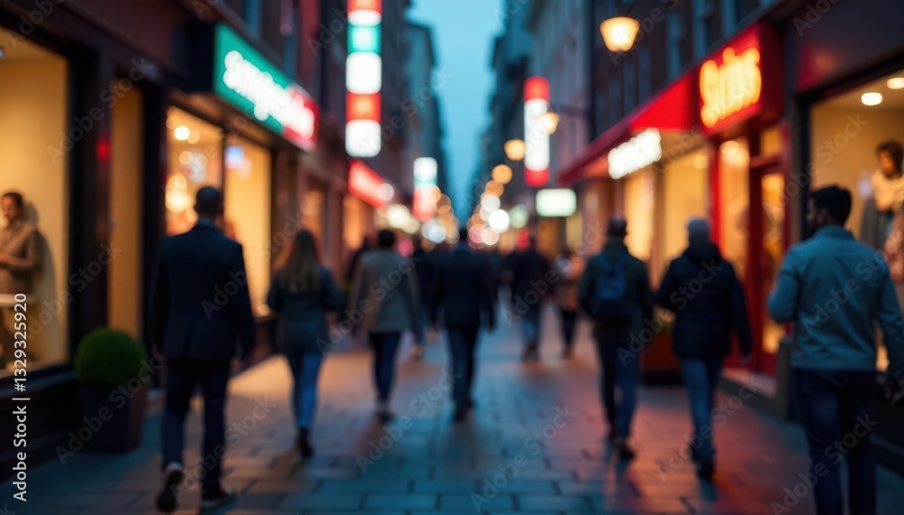 Fototapeta premium Blurred figures, bustling street, shop windows, city lights, busy, blur, rush