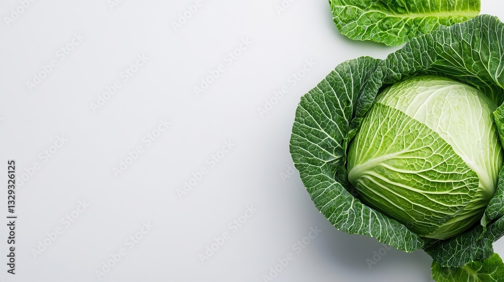 Fototapeta premium Topdown view of a whole cabbage, leafy and natural, minimalist white surface