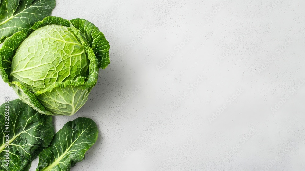 Fototapeta premium Topdown view of a whole cabbage, leafy and natural, minimalist white surface