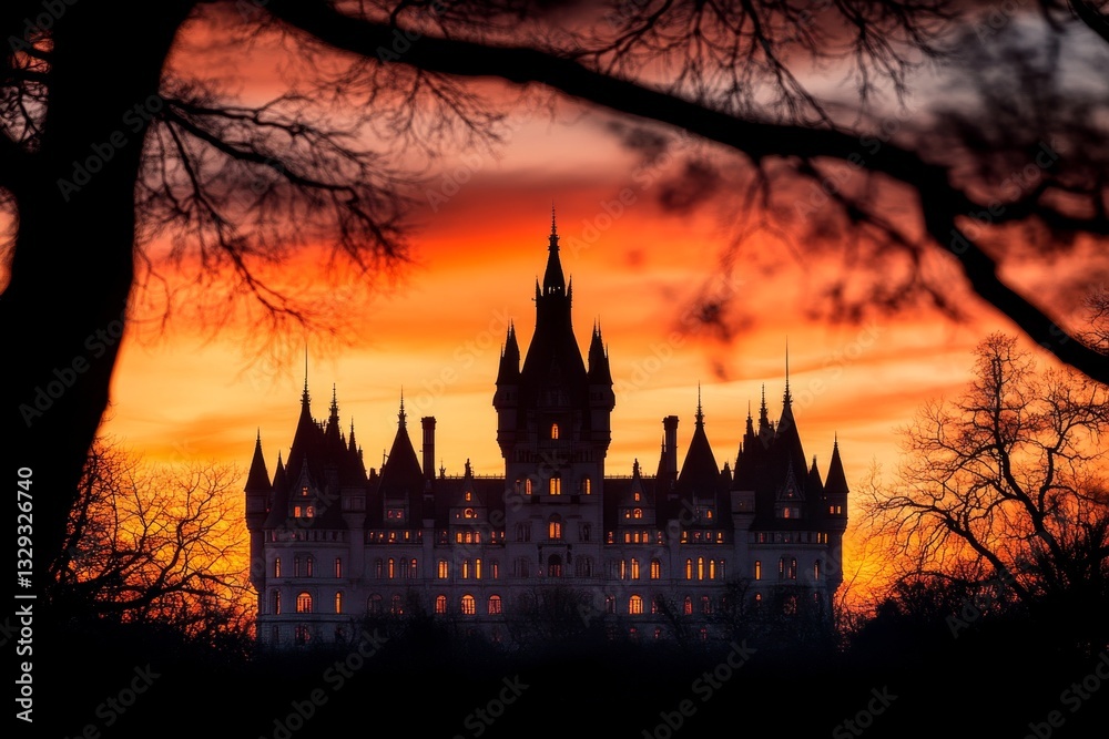 A gothic sunset scene with a dark castle silhouetted against a blood-red sky, with eerie clouds swirling above A gothic sunset scene with a dark castle silhouetted against a blood-red sky, with eerie clouds swirling above