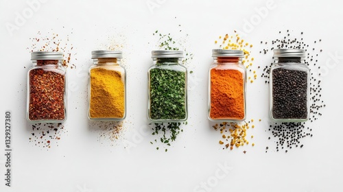 Fototapeta Naklejka Na Ścianę i Meble -  Topdown view of glass spice jars with vibrant spices spilling out, kitchen creativity, white minimalist space