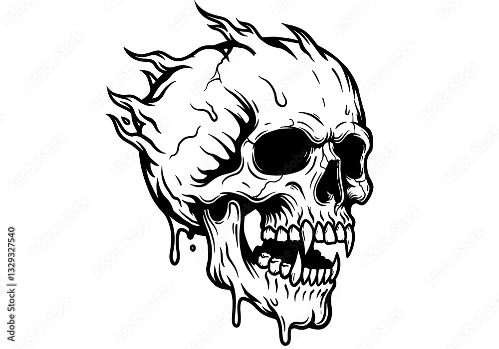Fototapeta premium Fiery Skull Meltdown: A Gothic Horror Illustration of a Flaming Skull with Dripping Details