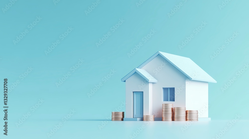 A simple house model, coins, with a light blue roof and a solid pastel background. The illustration is in an isometric, using a clay material and a white color palette. A simple house model, coins, with a light blue roof and a solid pastel background. The illustration is in an isometric, using a clay material and a white color palette.