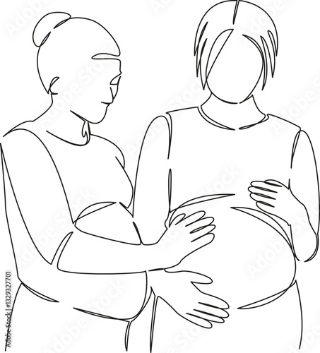 One continuous single drawing line art flat doodle woman, mother, pregnant, discussion, friends, talking, happiness. Isolated image hand draw contour on a white background, hand drawn, not AI
