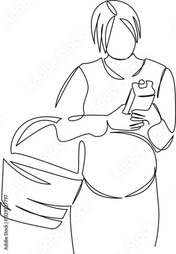 One continuous single drawing line art flat doodle mother, pregnant, shopping, choosing, woman, supermarket, juice. Isolated image hand draw contour on a white background, hand drawn, not AI