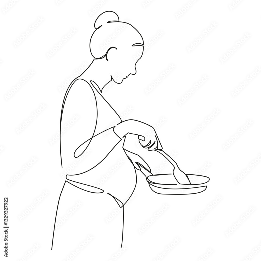 One continuous single drawing line art flat doodle pregnant, lifestyle, indoor, kitchen, food, female, meal. Isolated image hand draw contour on a white background, hand drawn, not AI