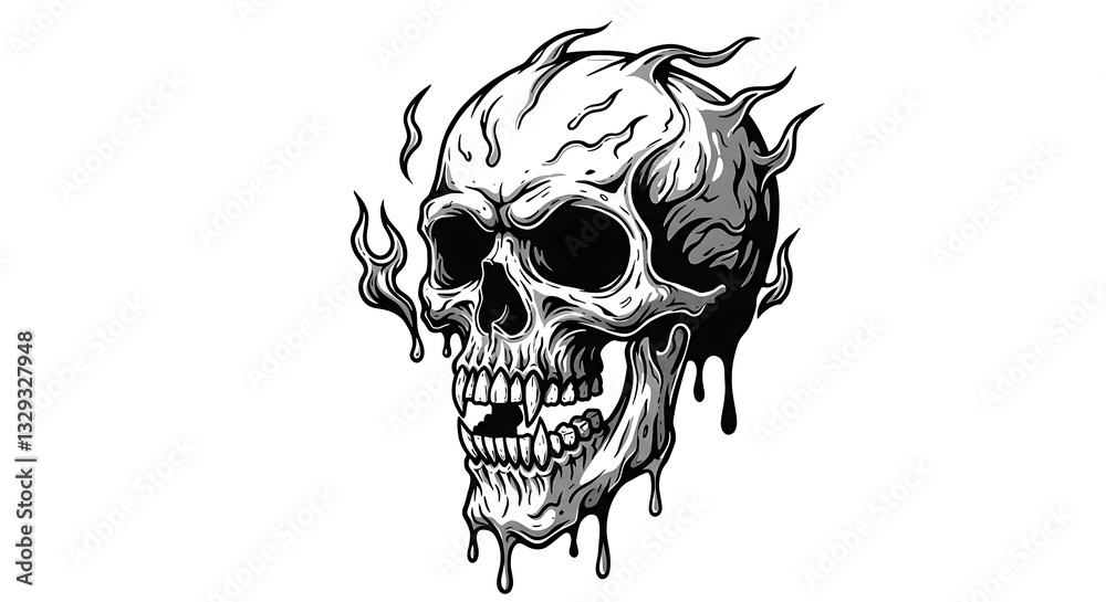 Fototapeta premium Fiery Skull Design Melted Skull with Flames Graphic Art Illustration
