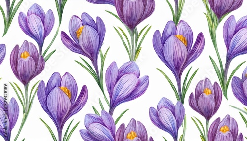 Generated image seamless pattern with blooming flower, watercolor crocus, spring flowers for decorating