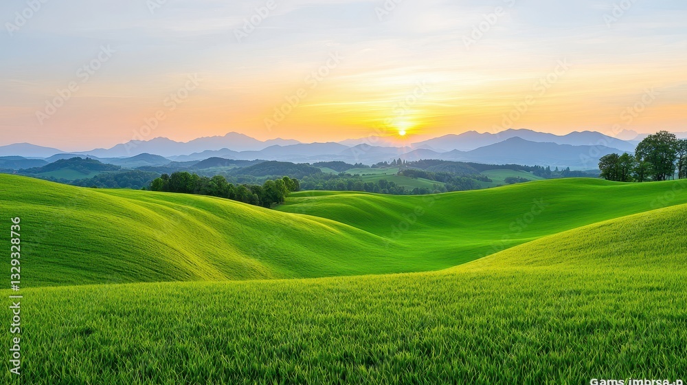 Serene Sunset Over Rolling Green Hills And Mountains Serene Sunset Over Rolling Green Hills And Mountains