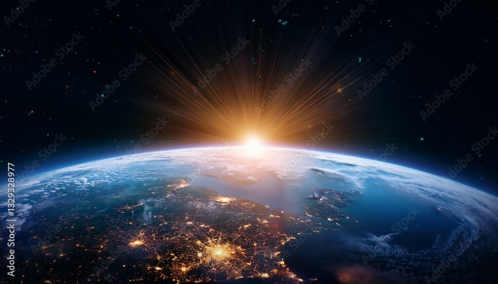 Panoramic view on planet Earth globe from space. Glowing city lights, light clouds Panoramic view on planet Earth globe from space. Glowing city lights, light clouds