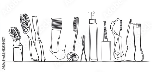 Minimalist line artwork depicting hairdressing scissors, combs, and hair products arranged linearly, representing professional salon essentials