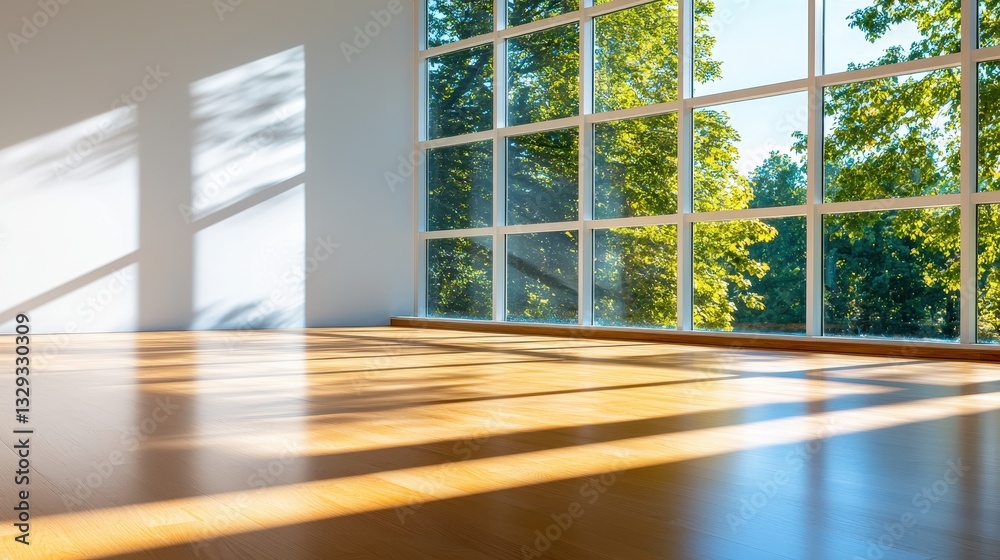 Fototapeta premium Interior room with large window overlooking trees and sunlight