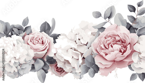 Dusty pink and cream rose, peony, hydrangea flower, tropical leaves vector garland. Dusty pink and cream rose, peony, hydrangea flower, tropical leaves vector garland wedding bouquet