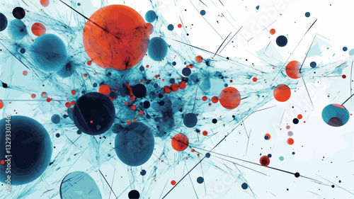 The image is a digital illustration depicting an abstract network.  It features numerous spheres in shades of blue, orange, and red of varying sizes, interconnected by thin, slightly translucent