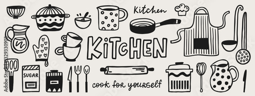 Kitchen doodle hand-drawn set. Design concept for cooking classes, courses, food studio, cafe, restaurant. Cookery vector elements.
