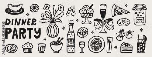 Dinner party hand-drawn doodle elements. Cafe vector set, breakfast, brunch, lunch menu drawings