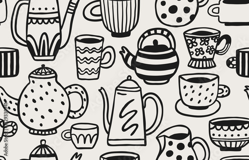 Seamless pattern with cute doodle kettles, cups, and teapots. Hand-drawn vector set. Teapot and cups collection for English afternoon tea ceremony