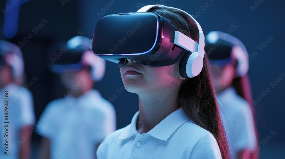 A child wearing a VR headset, immersed in a virtual experience, surrounded by others in a futuristic environment.