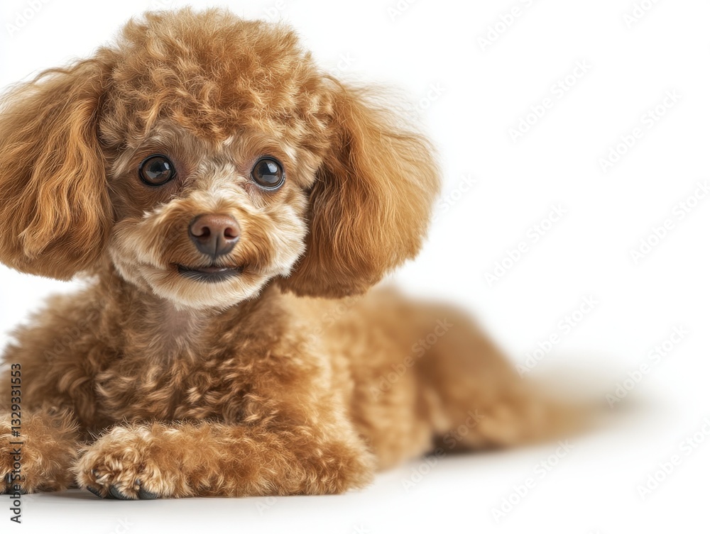 Adorable fluffy poodle puppy with bright eyes resting on a white background, showcasing its playful personality and charm Adorable fluffy poodle puppy with bright eyes resting on a white background, showcasing its playful personality and charm