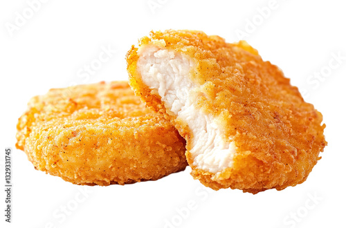 Closeup of a bucket of fried chicken nuggets on a white background