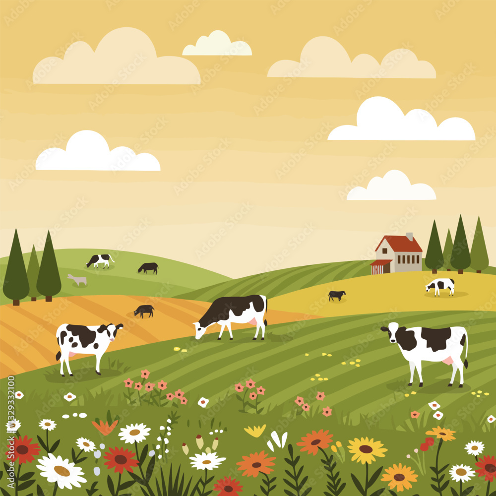 Cows Grazing in Field with Farmhouse and Flowers Illustration Cows Grazing in Field with Farmhouse and Flowers Illustration
