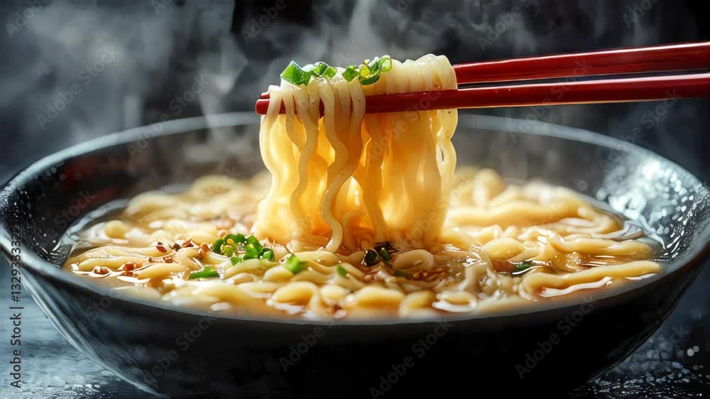 Steaming bowl of udon noodles lifted by red chopsticks, garnished with fresh green onions and sesame seeds