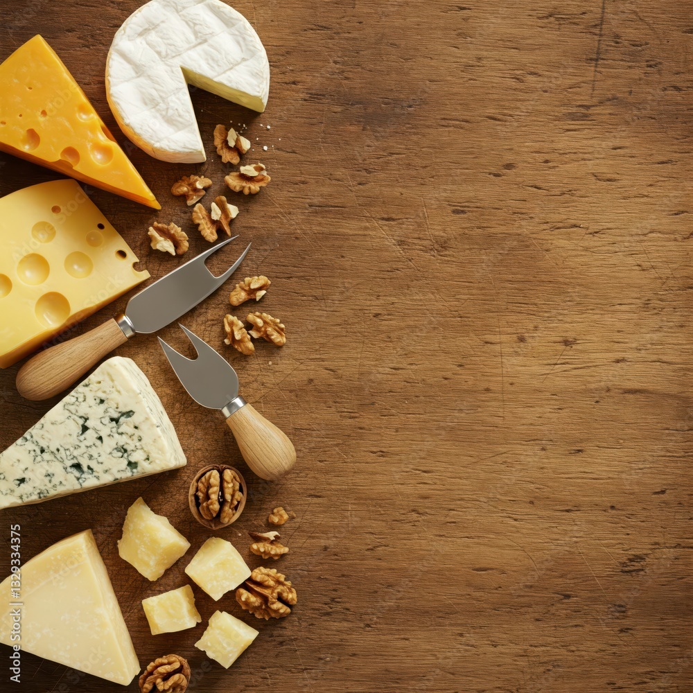 Assorted cheese platter on a rustic wooden table with cheese knives and walnuts. Ideal for a tasting, snack, or social gathering.