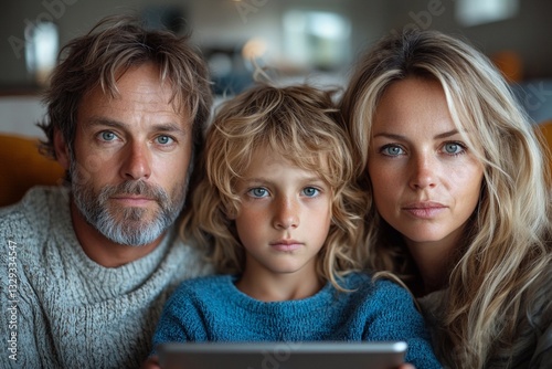 Family of three engages with a tablet in a cozy, well-lit living room setting photo