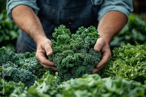 Hands of a farmer showcasing freshly harvested kale among vibrant greens in a lush garden