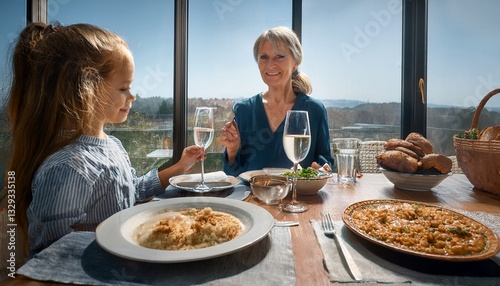 A wealthy person enjoys a lavish feast, unaware of a starving child peering through a window, eyes filled with hunger and longing, capturing the stark contrast of wealth and poverty.
