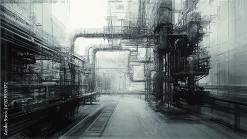 The image is a monochrome photograph depicting a complex network of industrial pipelines and machinery.  The perspective is from within the industrial setting, looking down a corridor-like space