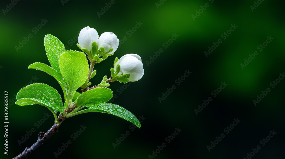 Flowering branch with white blooms and fresh green leaves after rain Flowering branch with white blooms and fresh green leaves after rain