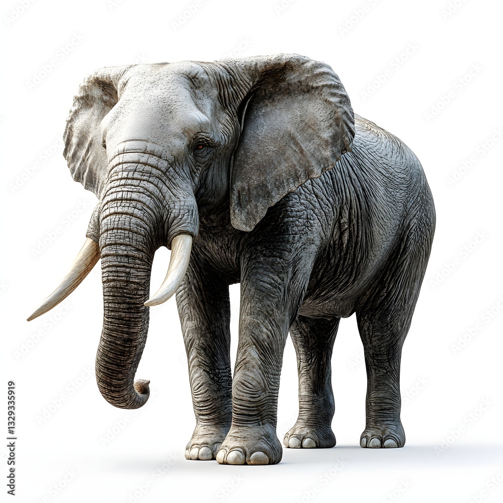 Fototapeta premium A lone African elephant stands majestically against a stark white background. Detailed Animal isolated on white background. Albino Elephant