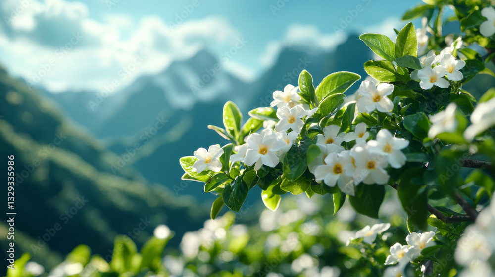 Obraz premium Beautiful white flowers blooming in a serene mountain landscape
