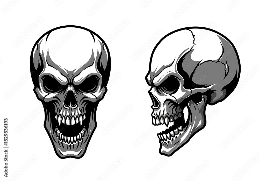 Fototapeta premium Ferocious Skull Illustration: Front and Side Views of a Grim Reaper Skull Design