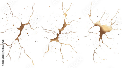 Three variations of crack textures are presented against a white background.  The cracks are primarily gold and brown in color, exhibiting a radiating pattern from a central point. The cracks have