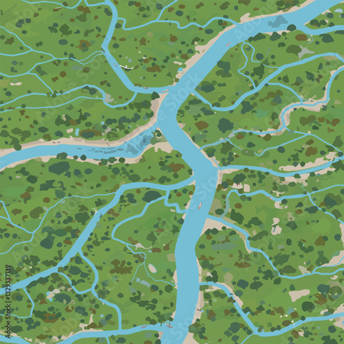 Aerial View of River Delta Flowing Through Green Forest Landscape