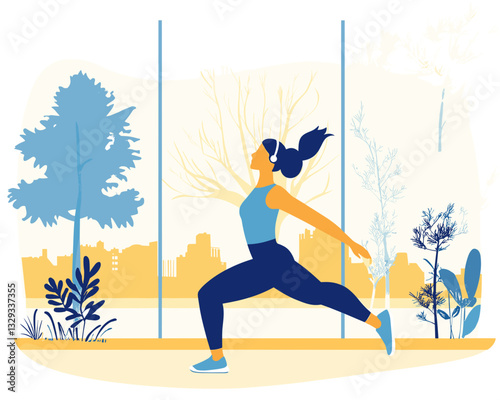 Person jogging in the morning energetically wearing sports clothes and earphones in city park