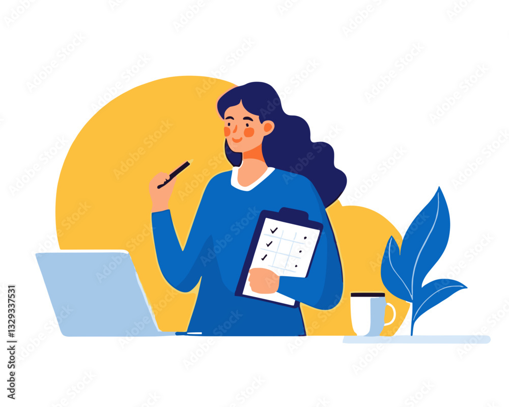 Fototapeta premium Woman creating to-do list in planner checking off tasks with pen beside laptop and coffee cup for productivity