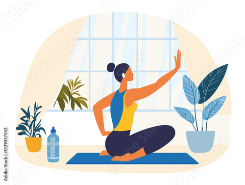 Woman practicing yoga at home stretching peacefully on mat with indoor plants and water bottle nearby