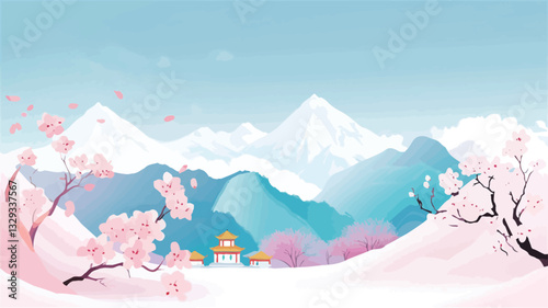 A digital illustration depicting a serene landscape. The image features a range of softly rendered blue and purple mountains covered in snow, with delicate pink cherry blossoms blooming in the