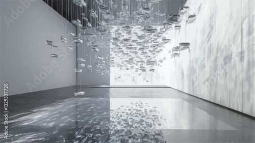 The image depicts a minimalist interior space featuring a contemporary art installation.  Numerous small, light-reflective objects are suspended from the ceiling, creating a sense of depth and