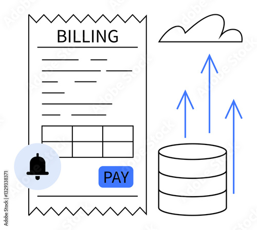 Billing receipt and payment button with notification alert, cloud, and data storage icon. Ideal for finance, payment systems, cloud services, automation, data flow, digital transformation flat