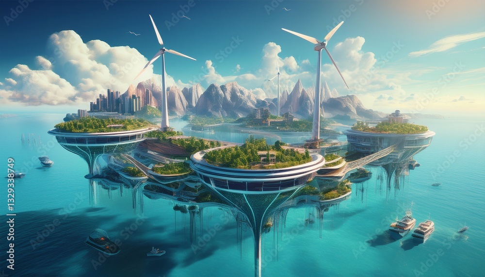 Fototapeta premium A vast floating city suspended in the sky, powered by wind turbines and sunlight, with soaring towers, vibrant green spaces, and clean energy, drifting peacefully among the clouds.