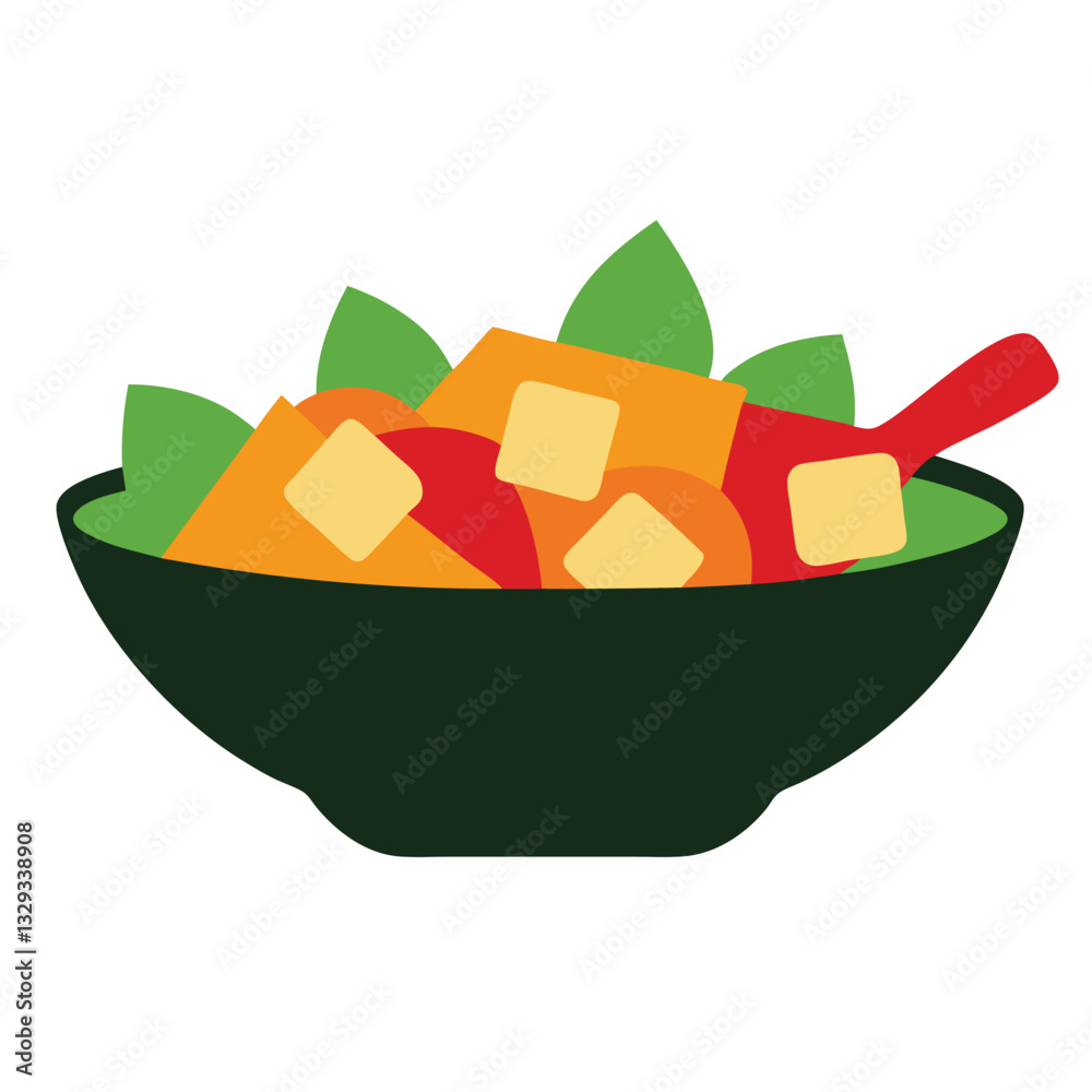 Colorful fruit salad, vibrant cubes, green bowl, graphic design, flat illustration, bright colors, red and yellow fruit pieces, green leaves, minimalist style, clean lines, appetizing, healthy food Colorful fruit salad, vibrant cubes, green bowl, graphic design, flat illustration, bright colors, red and yellow fruit pieces, green leaves, minimalist style, clean lines, appetizing, healthy food