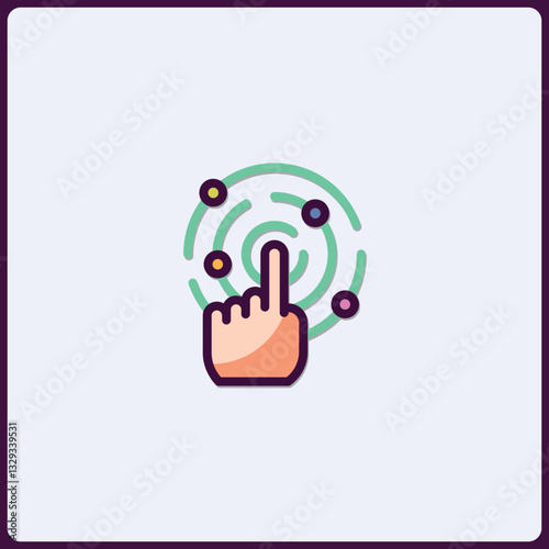 Gesture interface: a hand touching interactive spiral with colorful dots