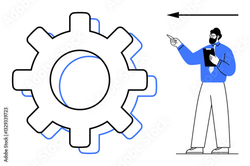 Gear represents process optimization, while a man with a clipboard points forward, emphasizing workflow and progress. Ideal for business strategy, leadership, teamwork, planning, innovation