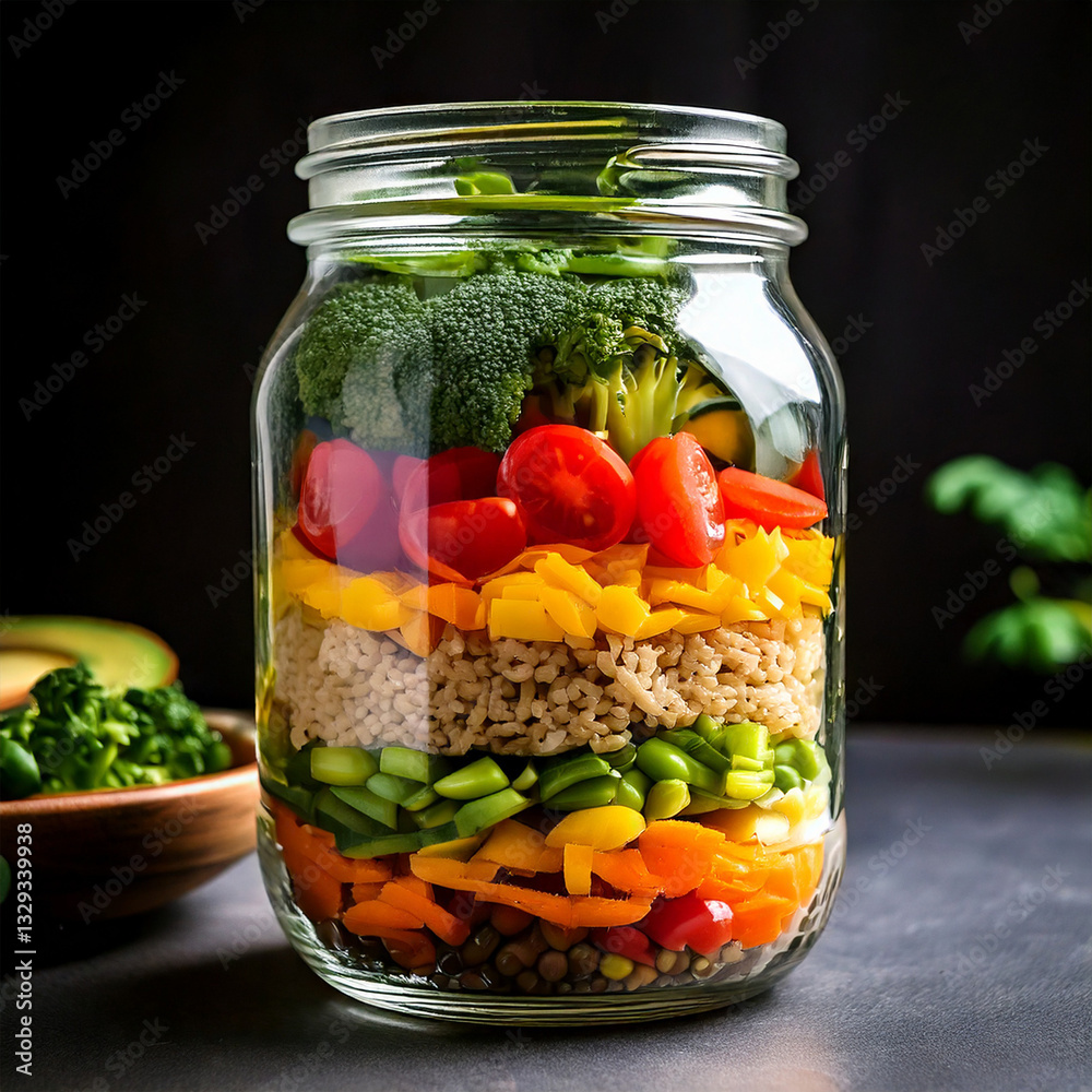 Layered healthy meal prep in jars with fresh ingredients
