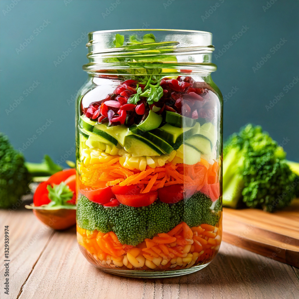 Layered healthy meal prep in jars with fresh ingredients