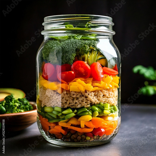 Obraz na płótnie Layered healthy meal prep in jars with fresh ingredients w salonie